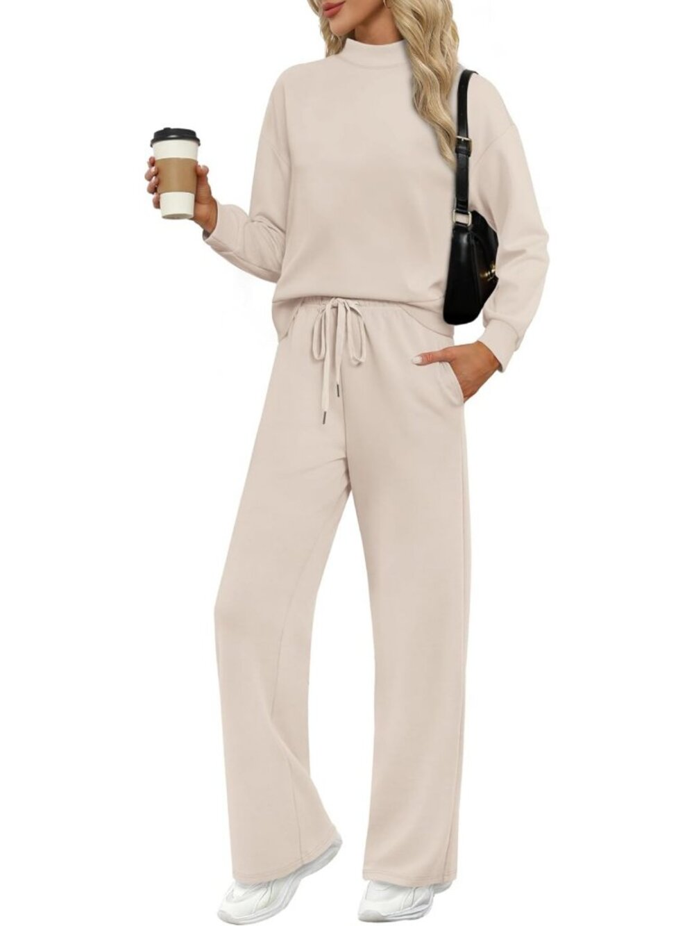 Chic Two-Piece Lounge Set for Women - Mock Neck Top & Wide Leg Pants, Travel